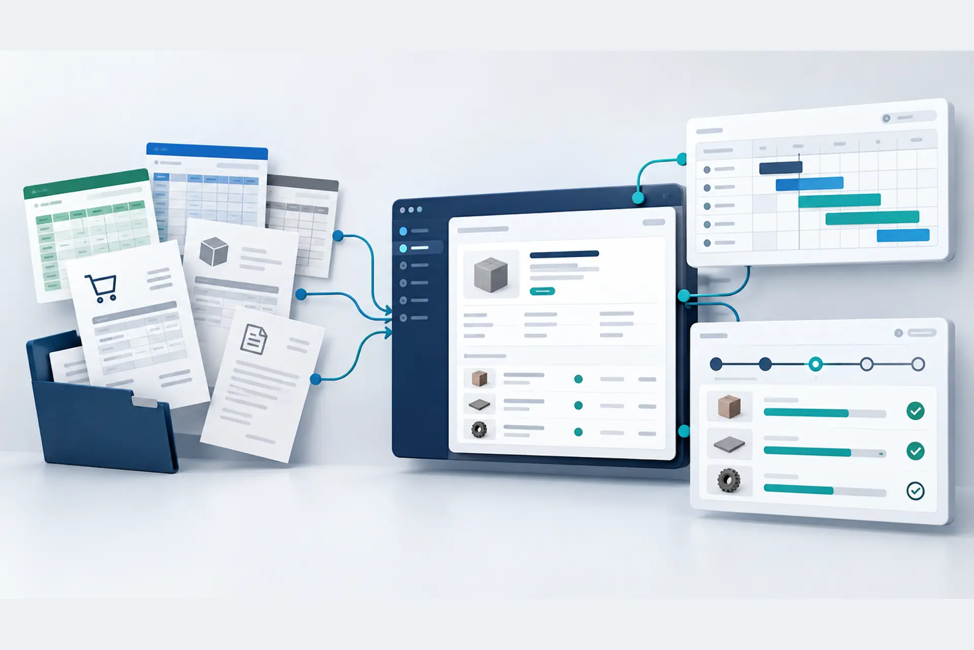 Sviluppo software su misura per ordini e commesse Fogli di lavoro e documenti d’ordine collegati a un gestionale con pianificazione e avanzamento delle commesse.